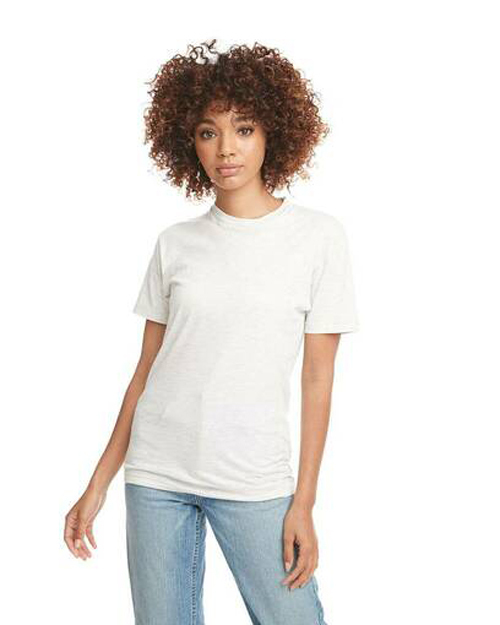 Woman modeling Next Level 3600 unisex cotton white t-shirt