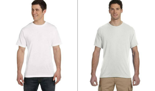 Man modeling the Sublivie 1910 Sublimation white t-shirt on the left, man  modeling the Jerzees 21M white t-shirt on the right.