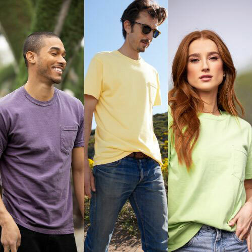 People wearing Comfort Colors 6030CC pocket tees in the colors Grape, Butter and Celadon, available at ShirtSpace.