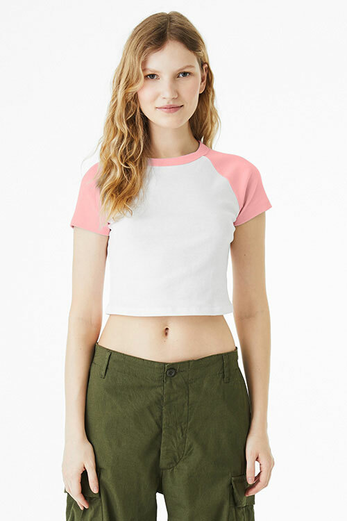 Back view of a woman wearing a Bella+Canvas crop top baby tee raglan, paired with olive green cargo pants for a color-blocked outfit.