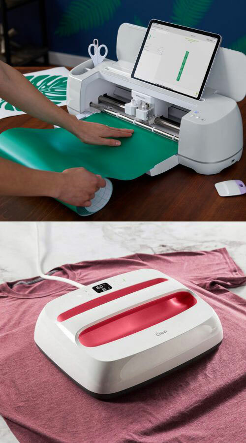 The top images shows a person loading green vinyl into a Cricut Maker 3 vinyl cutter.  The bottom image shows the Cricut EasyPress 2 hand held heat press being used on a maroon heather t-shirt.
