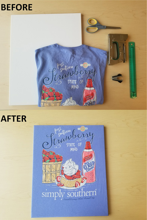 A shirt before and after being turned into a canvas wall art piece 