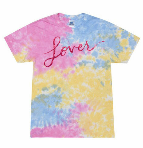 Tie-Dye brand CD100 t-shirt from ShirtSpace in the color “Sherbet” with the word "Lover" printed on the chest, in the same font as the title on the album cover of the same name.