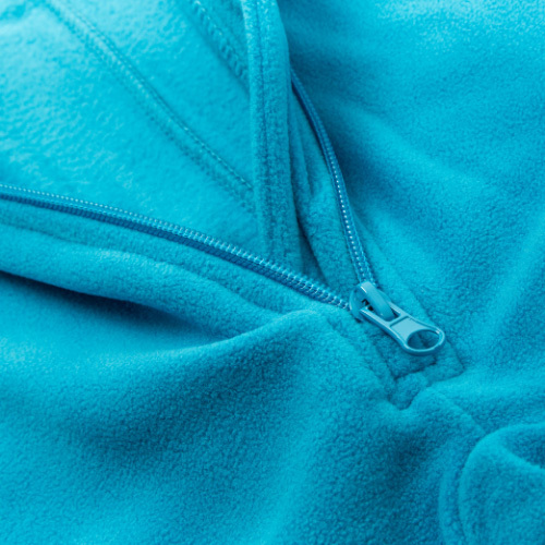 Close up of aqua blue colored fleece jacket with zipper