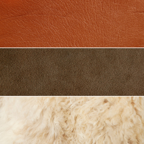 Image comparing orange leather, brown suede and cream-colored sherpa fleece.