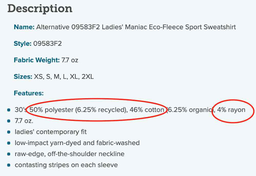 Description of alternative ladies sweatshirt. 50% polyester 46% cotton 4% rayon