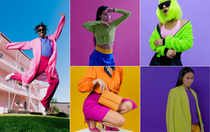 People modeling bold, jewel-toned and neon color-blocked outfits. 
