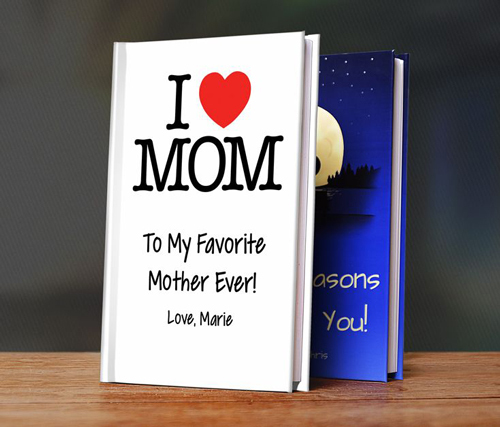 Book with a cover that reads "I heart mom"