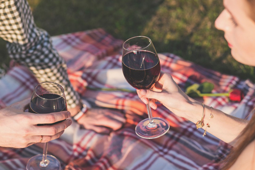 Two people enjoying wine on a picnic