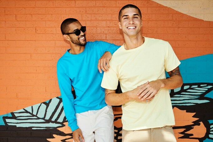 Men modeling the Hanes 5286 or 5280 long-sleeve and short t-shirts