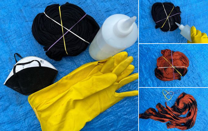 Supplies you need for reverse tie-dyeing t-shirts with bleach, including a squeeze bottle, rubber gloves, a face mask and a black t-shirt.