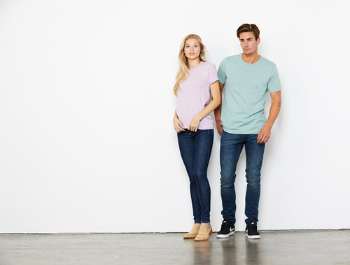 Woman wearing pink shirt standing next to man with mint t-shirt