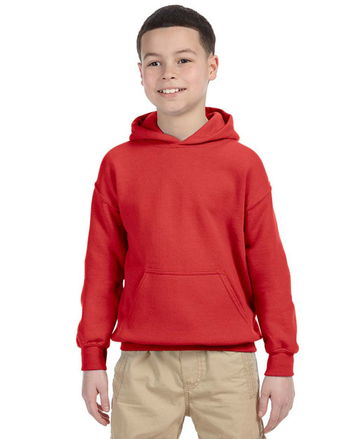 Boy wearing red Gildan G185B Youth Heavy Blend™ 8 oz., 50/50 Hooded Sweatshirt