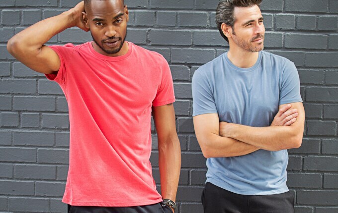 Men modeling the Threadfast 130A in red and denim.