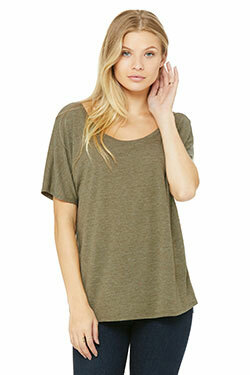 Front view of woman wearing the Bella+Canvas 8816 women's tee in heather olive.