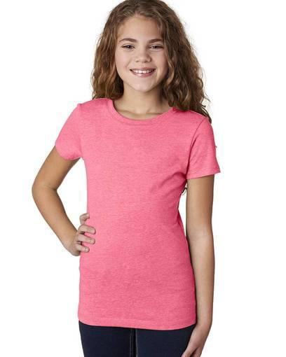 girl wearing pink Next Level 3712 Youth Princess CVC T-Shirt