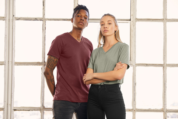 Man and woman modeling the Bella+Canvas 3005 unisex v-neck t-shirt.