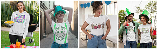  St. Patrick' Day, Mardi Gras and tasty drink t-shirt designs decorated with direct-to-garment transfers from Tulsa DTF Prints.