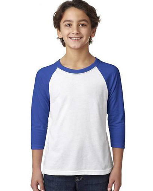 Boy wearing white and blue Next Level 3352 Youth CVC 3/4-Sleeve Raglan