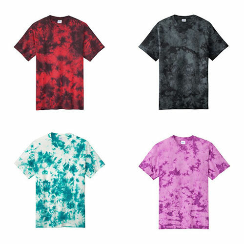 Port & Company PC145 Crystal Tie-Dye Tees in in the colors “black/red”, “black”, “teal” and “purple”.