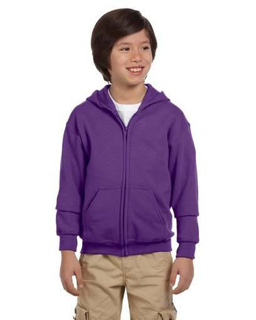 Boy wearing purple Gildan G186B Youth Heavy Blend ™ Full-Zip Hooded Sweatshirt