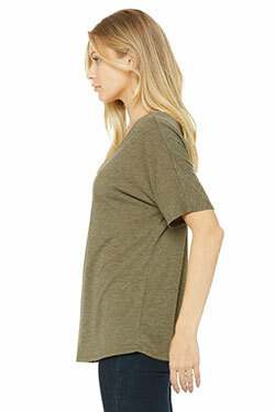 Side view of woman wearing the Bella+Canvas 8816 women's tee in heather olive.