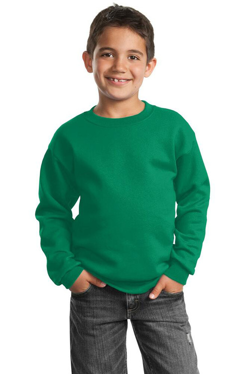 Boy wearing green Port & Company PC90Y Youth Core Fleece Crewneck Sweatshirt